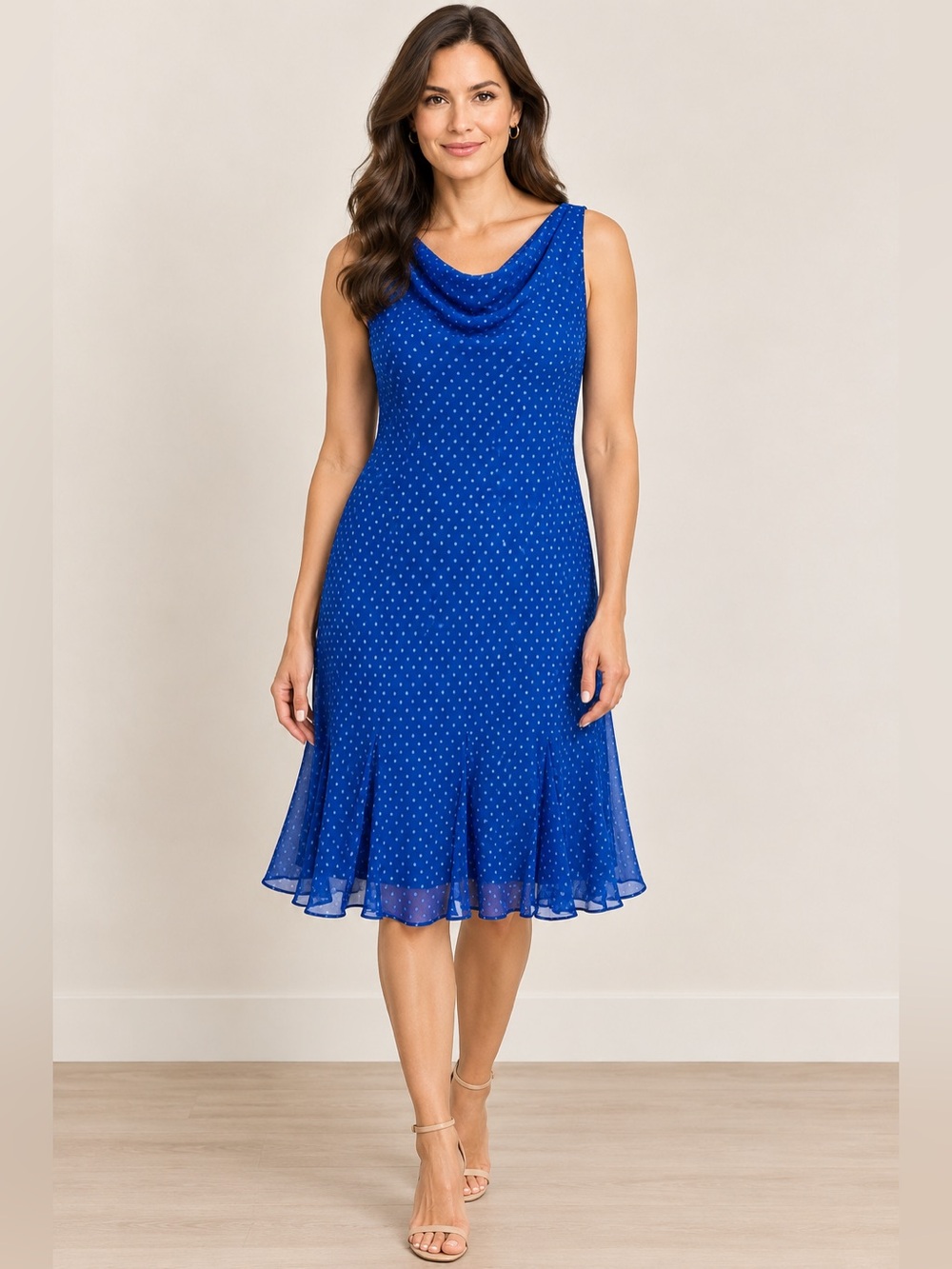 CHAPS Women’s Cowl Neck Royal Blue Polka Dot Dress crepe chiffon over undergarme